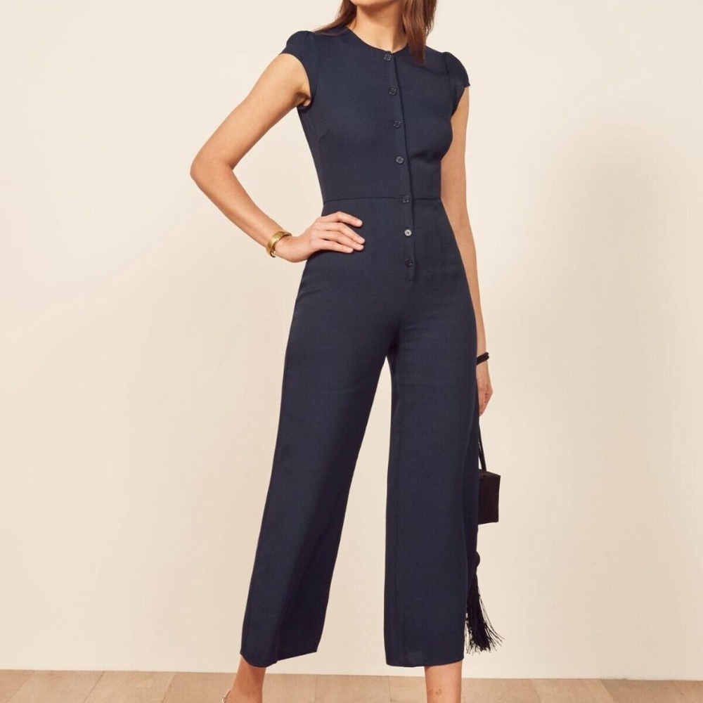 Reformation Jumpsuit Size 6 Navy Marina Wide Leg Button Up Romper